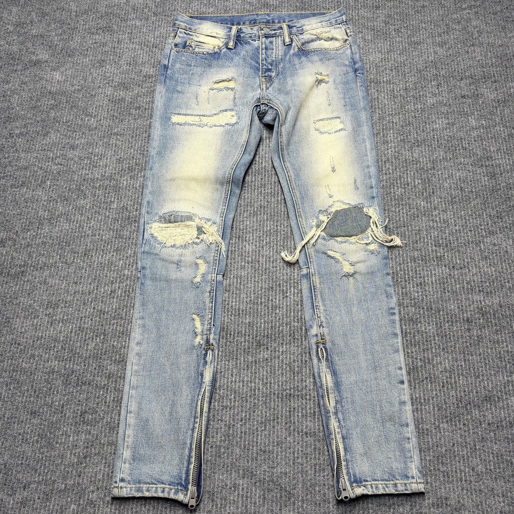 Mnml Jeans Mens 29x32 Blue Light Wash Distressed Skinny Ankle Zip Denim Ripped